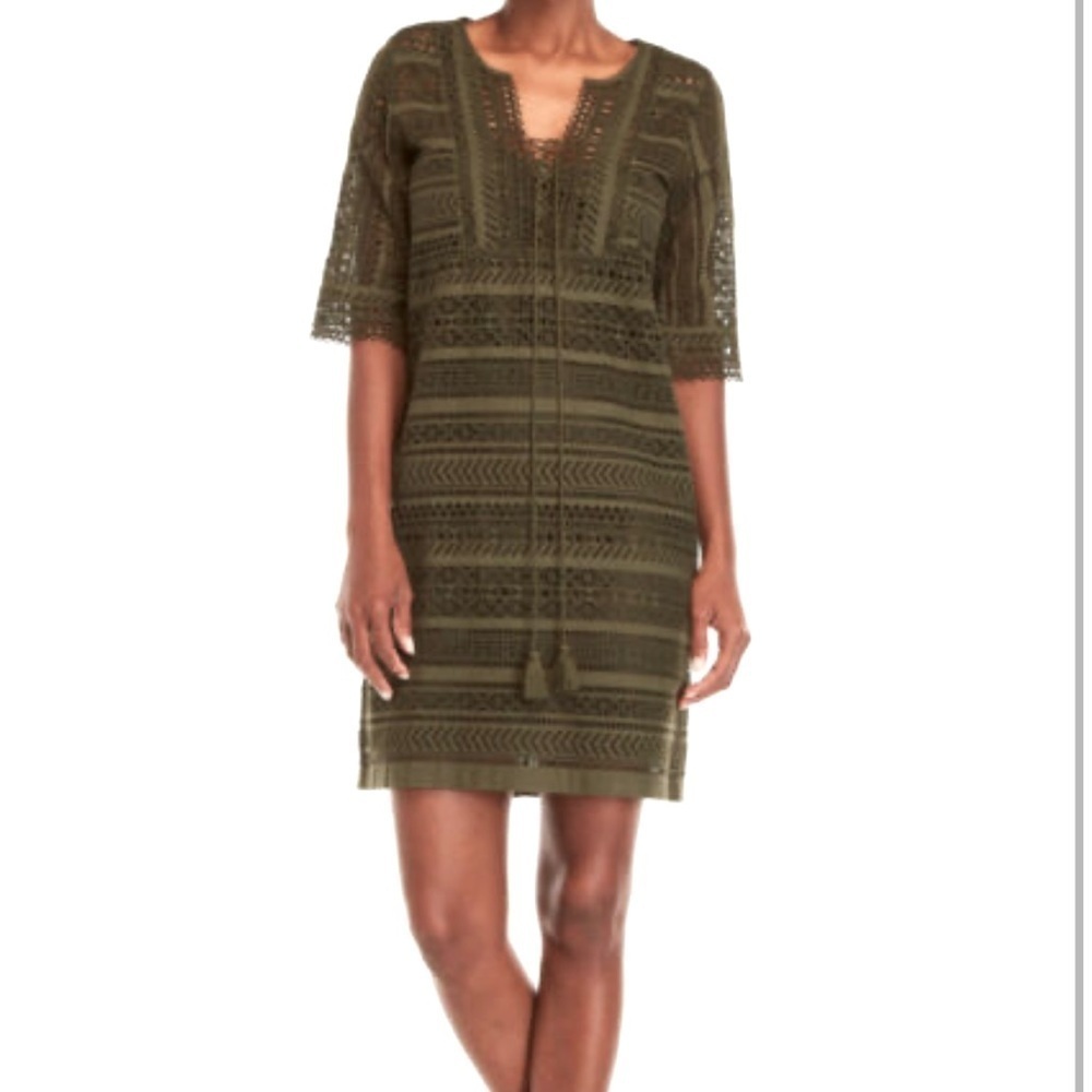 Women’s FIGUE Eyelet Cutout Marlin Dress Olive Green With Tassel Tie Size XS